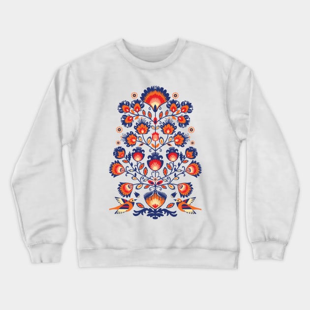 Blue and yellow folklore with birds Crewneck Sweatshirt by FK-UK